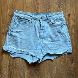 High rise faded stone washed jeans shorts